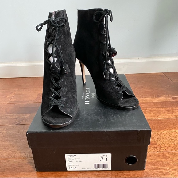 NWT Coach Lena Lux Suede Lace Up Open Toe Booties 10 - Picture 2 of 9